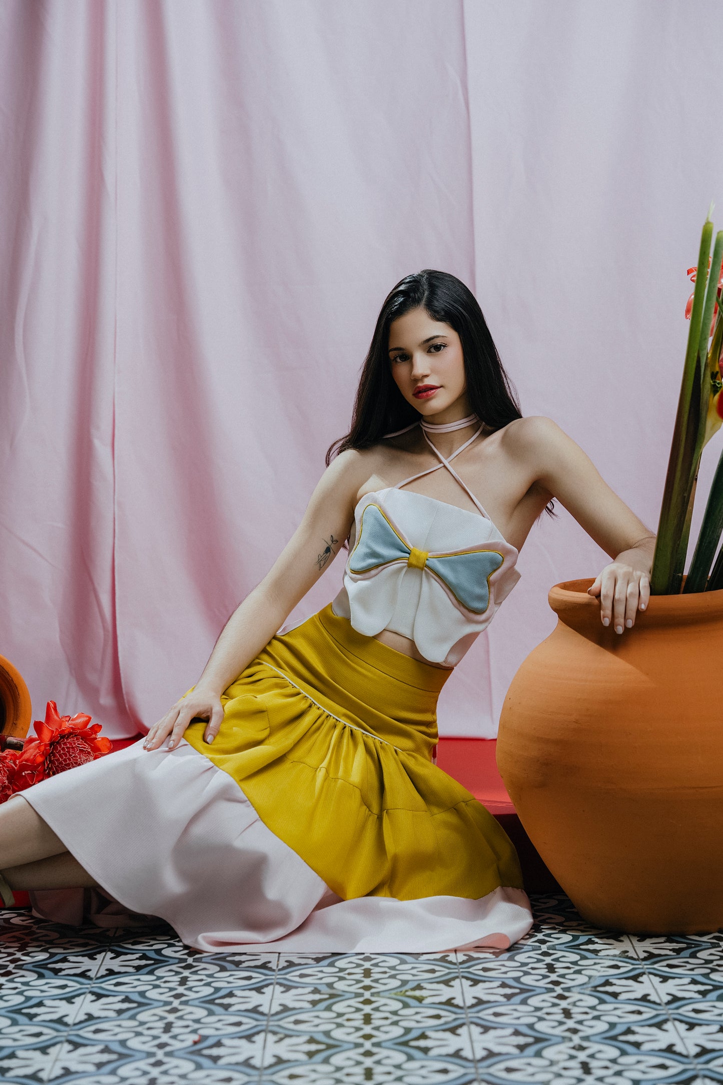 Ellie Midi Skirt Amarillo y Rosado Claro