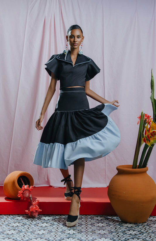 Ellie Midi Skirt Negro y Azul Claro