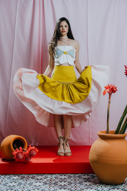 Ellie Midi Skirt Amarillo y Rosado Claro